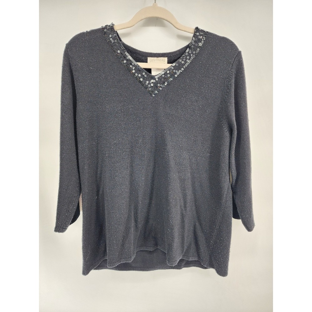 Designers Originals Sequin V-Neck Knit Sweater Charcoal Gray 3/4 Sleeve L